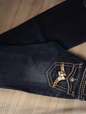 Miss Me Dark Blue Skinny Jeans with Gold Sequin Pocket Detail